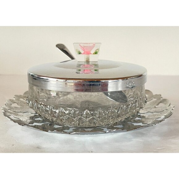 Vintage Glass Butter Dish Jam Jar Sugar Bowl w Lid Tray & Spreader Chrome Plated - Picture 1 of 11